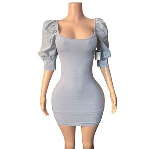440/Elegant Puff Sleeve Dress in Light Gray